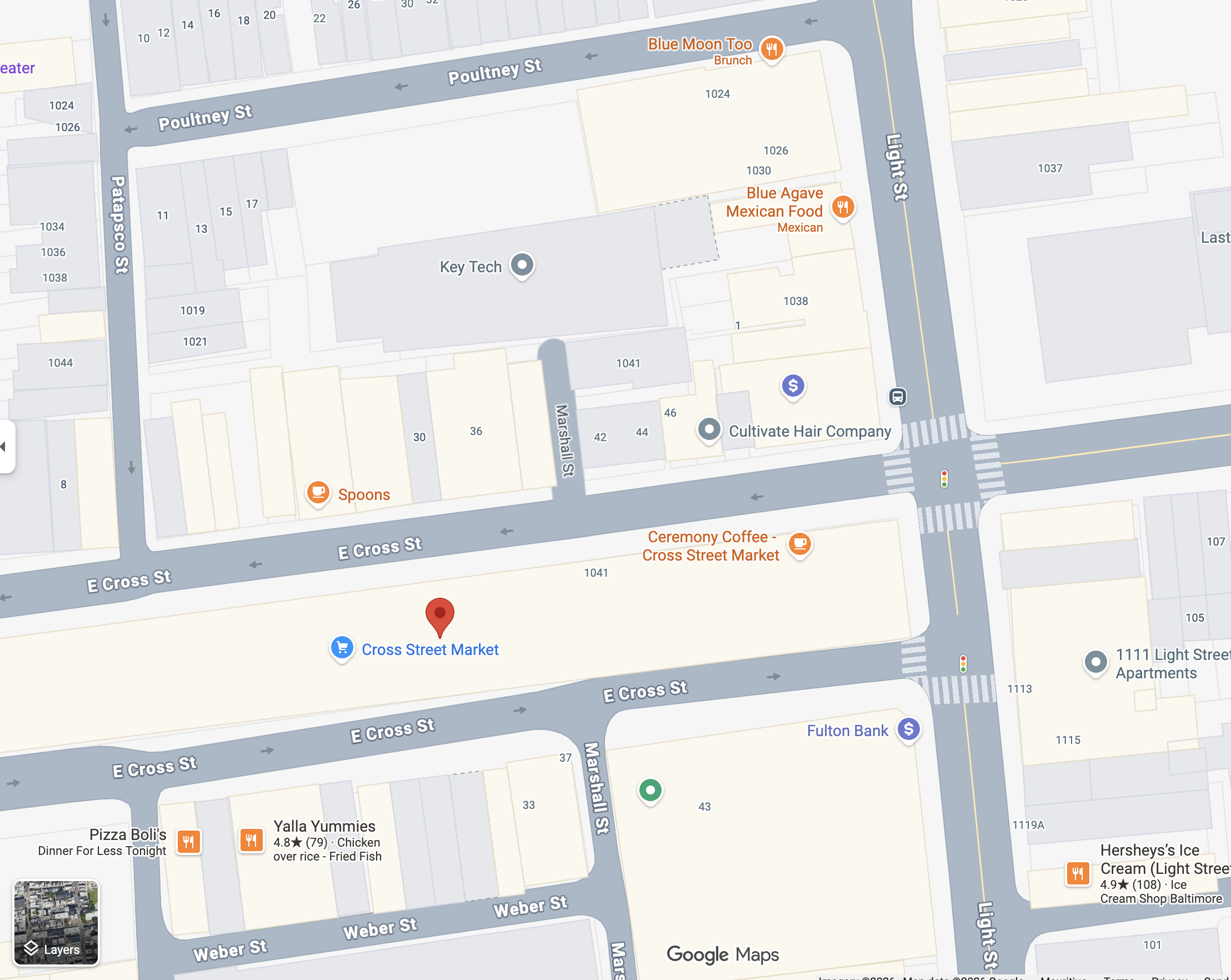 Map showing Jollof Bowl at Cross Street Market near Light Street in Baltimore