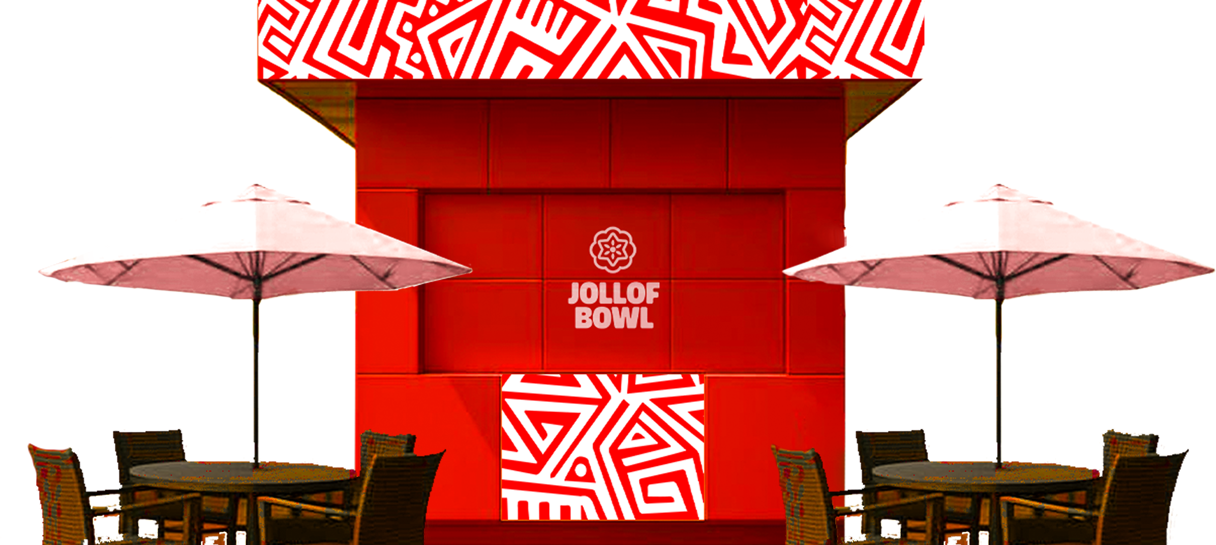Jollof Bowl franchise kiosk with outdoor tables and umbrellas